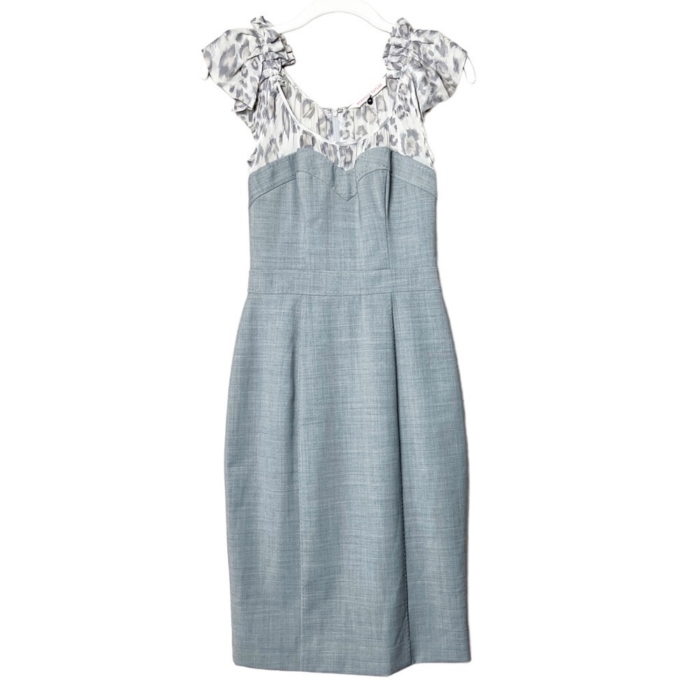Rebecca‎ Taylor gray leopard sheath dress 0 neutral pencil silk fitted wool